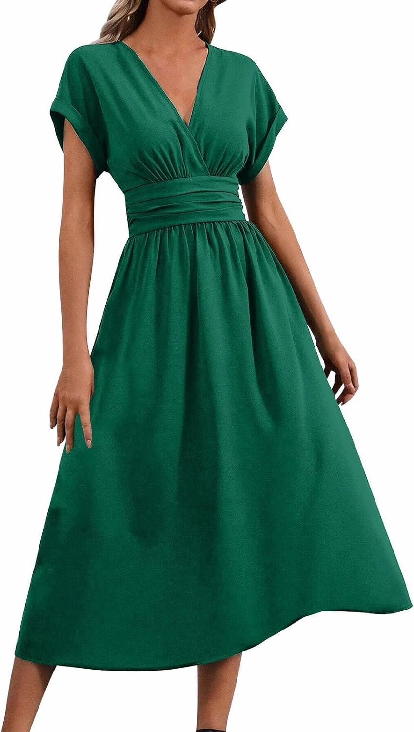 Summer Womens Midi Dresses Casual Roll Up Short Sleeve Ruched Wrap V Neck Empire Waist Flowy Pleated A Line Swing Dress