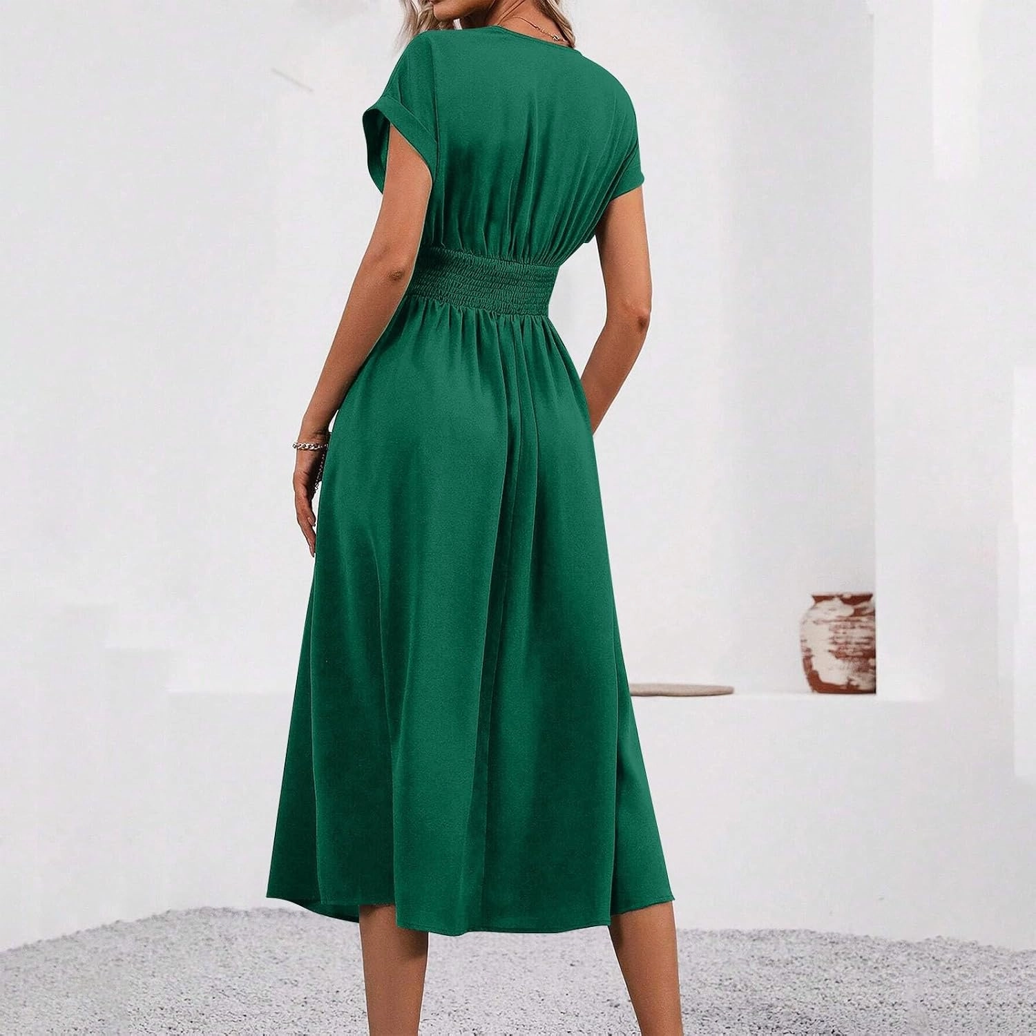 Summer Womens Midi Dresses Casual Roll Up Short Sleeve Ruched Wrap V Neck Empire Waist Flowy Pleated A Line Swing Dress