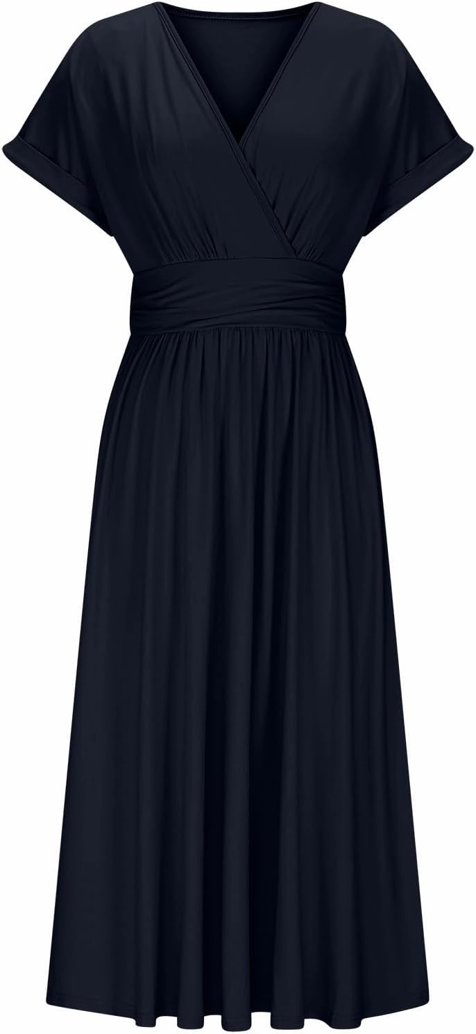 Summer Womens Midi Dresses Casual Roll Up Short Sleeve Ruched Wrap V Neck Empire Waist Flowy Pleated A Line Swing Dress