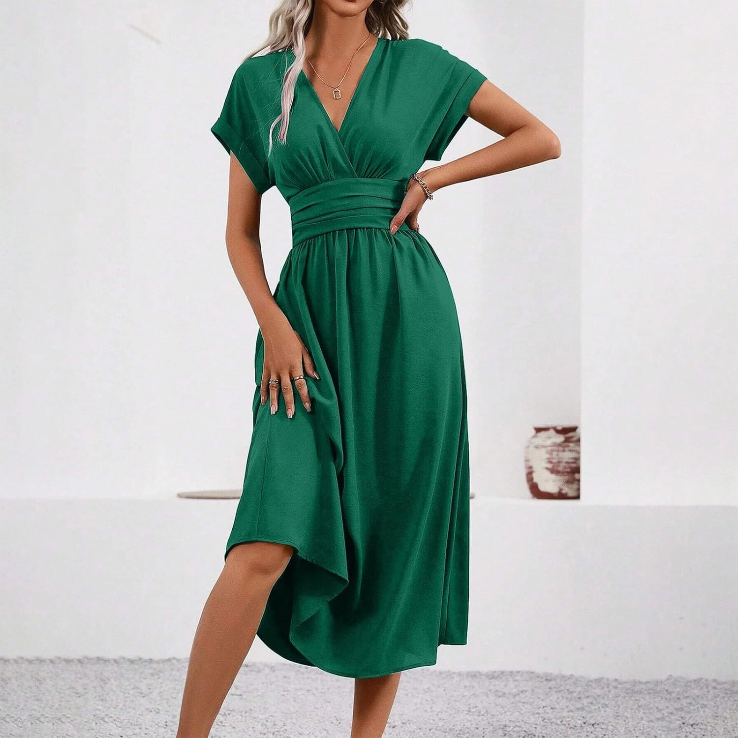 Summer Womens Midi Dresses Casual Roll Up Short Sleeve Ruched Wrap V Neck Empire Waist Flowy Pleated A Line Swing Dress