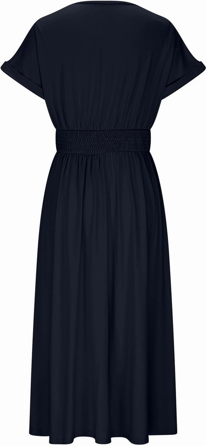 Summer Womens Midi Dresses Casual Roll Up Short Sleeve Ruched Wrap V Neck Empire Waist Flowy Pleated A Line Swing Dress
