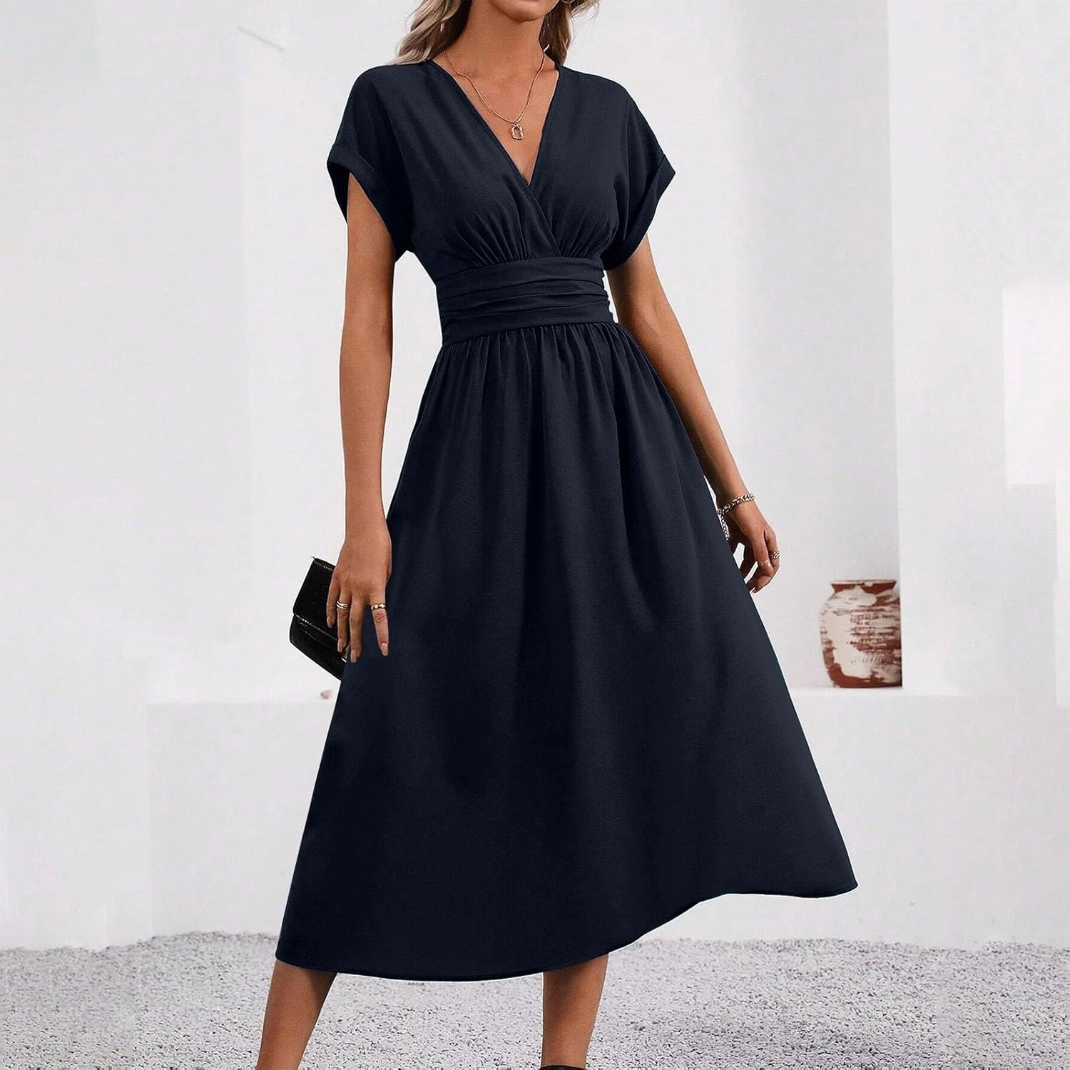 Summer Womens Midi Dresses Casual Roll Up Short Sleeve Ruched Wrap V Neck Empire Waist Flowy Pleated A Line Swing Dress