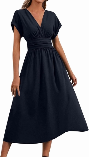 Summer Womens Midi Dresses Casual Roll Up Short Sleeve Ruched Wrap V Neck Empire Waist Flowy Pleated A Line Swing Dress