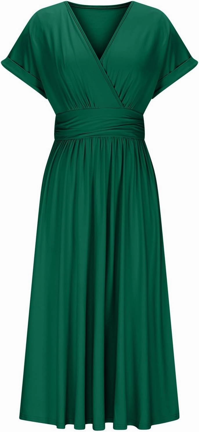 Summer Womens Midi Dresses Casual Roll Up Short Sleeve Ruched Wrap V Neck Empire Waist Flowy Pleated A Line Swing Dress