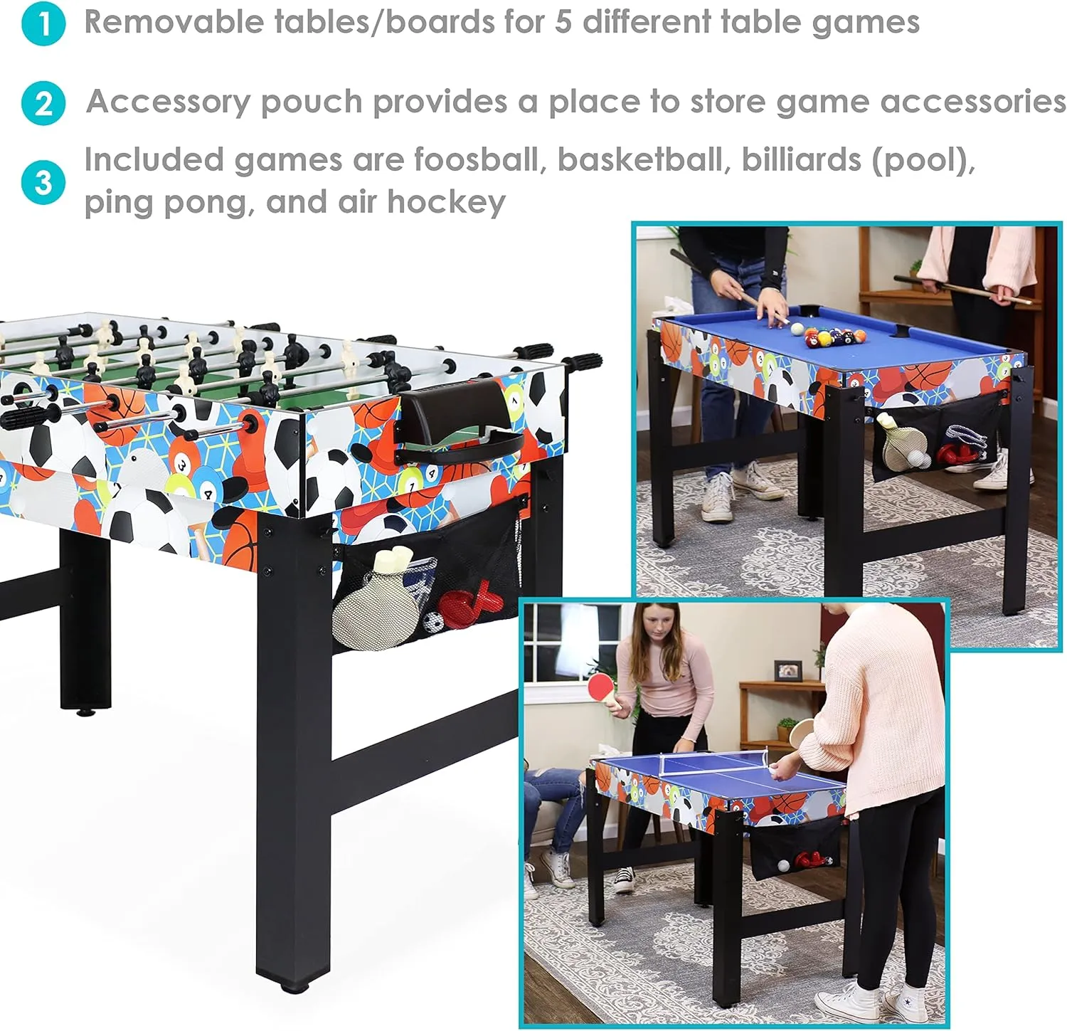 Sunnydaze 5-in-1 Multi-Game Table for Kids - Combo Game Table with Billiards, Push Hockey, Foosball, Ping Pong, and Basketball - 45-Inch