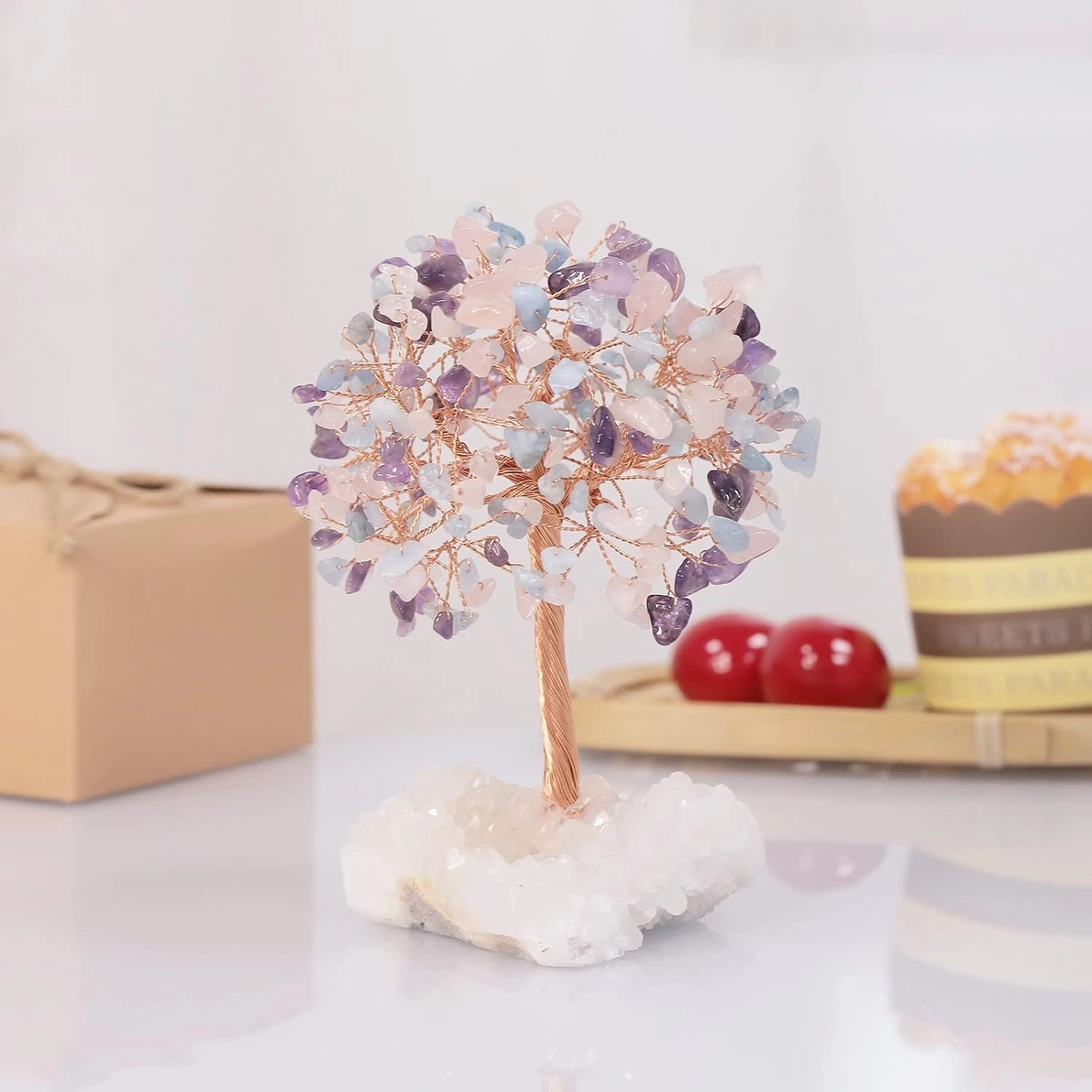 SUNYIK Handmade Amethyst Rose Quartz Aquamarine Money Tree Set on Rock Quartz Cluster Base, Wire Wrapped Tree of Life Polished Chip Stones Tree Decor Statue Home Office Window