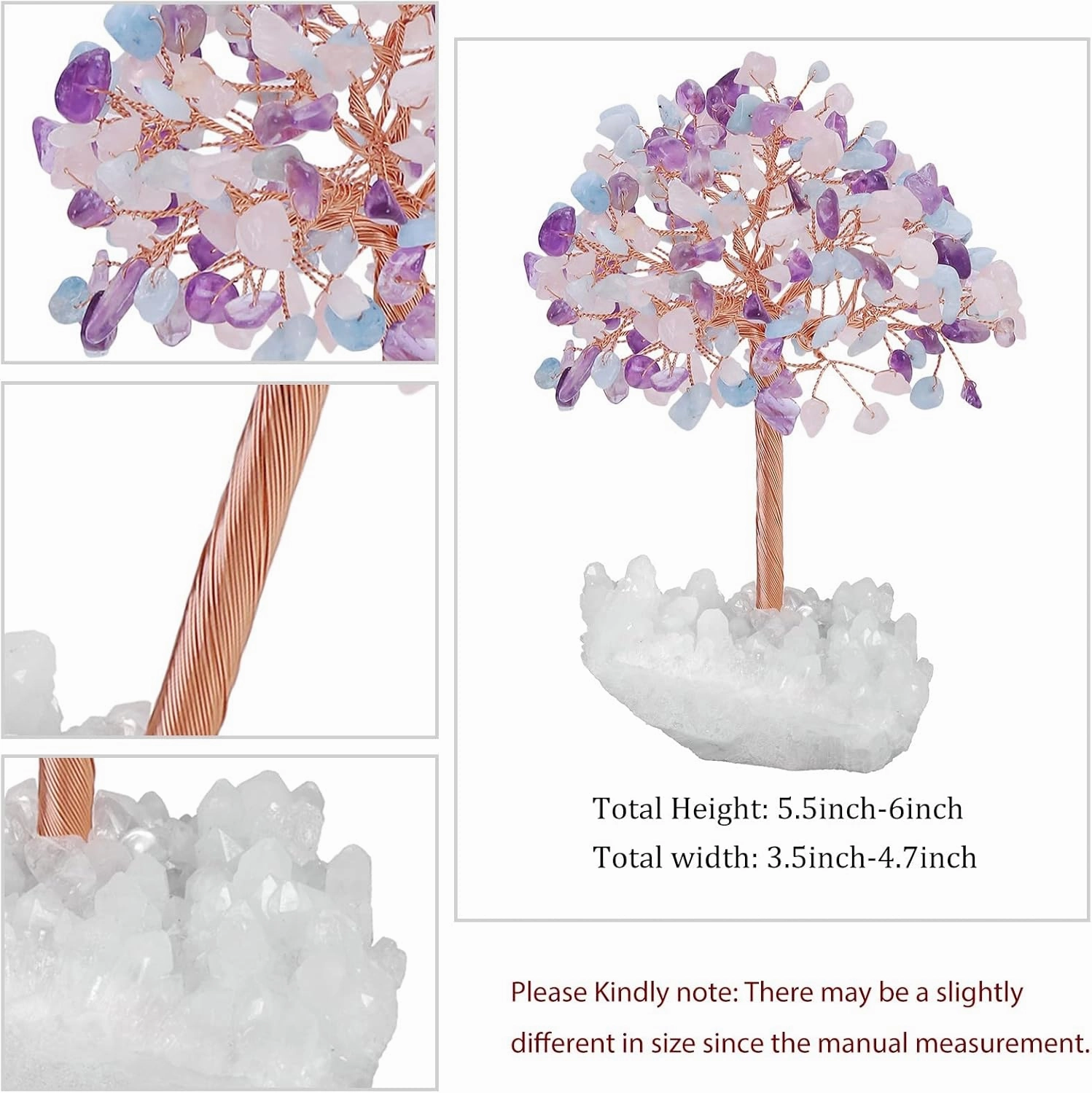 SUNYIK Handmade Amethyst Rose Quartz Aquamarine Money Tree Set on Rock Quartz Cluster Base, Wire Wrapped Tree of Life Polished Chip Stones Tree Decor Statue Home Office Window