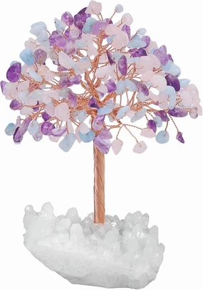 SUNYIK Handmade Amethyst Rose Quartz Aquamarine Money Tree Set on Rock Quartz Cluster Base, Wire Wrapped Tree of Life Polished Chip Stones Tree Decor Statue Home Office Window