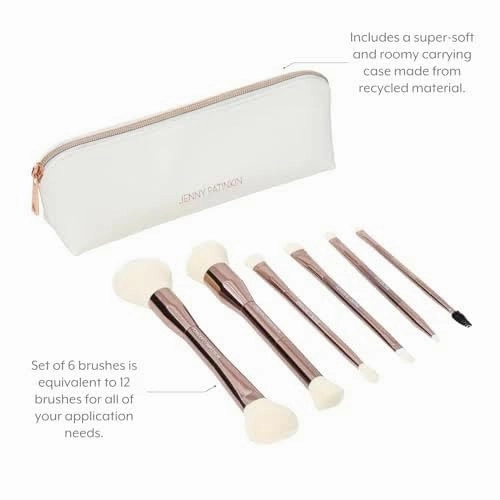 Sustainable Luxury 6 Dual-Ended Makeup Brush Set with Travel Case for a full-face application, Professional Makeup Brushes Set, Cream & Powder Complexion, Conceal/Define, Brow/Line, Crease/Eye Detail