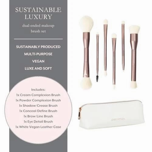 Sustainable Luxury 6 Dual-Ended Makeup Brush Set with Travel Case for a full-face application, Professional Makeup Brushes Set, Cream & Powder Complexion, Conceal/Define, Brow/Line, Crease/Eye Detail