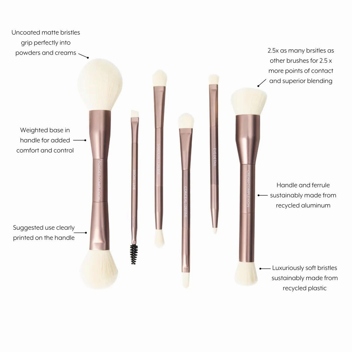 Sustainable Luxury 6 Dual-Ended Makeup Brush Set with Travel Case for a full-face application, Professional Makeup Brushes Set, Cream & Powder Complexion, Conceal/Define, Brow/Line, Crease/Eye Detail