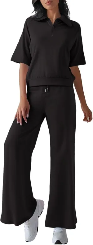Sweatsuits for Women Set 2 Piece Trade Casual Solid Color Slim Fit Short Sleeved Oversized Sweatshirt Sweatpants