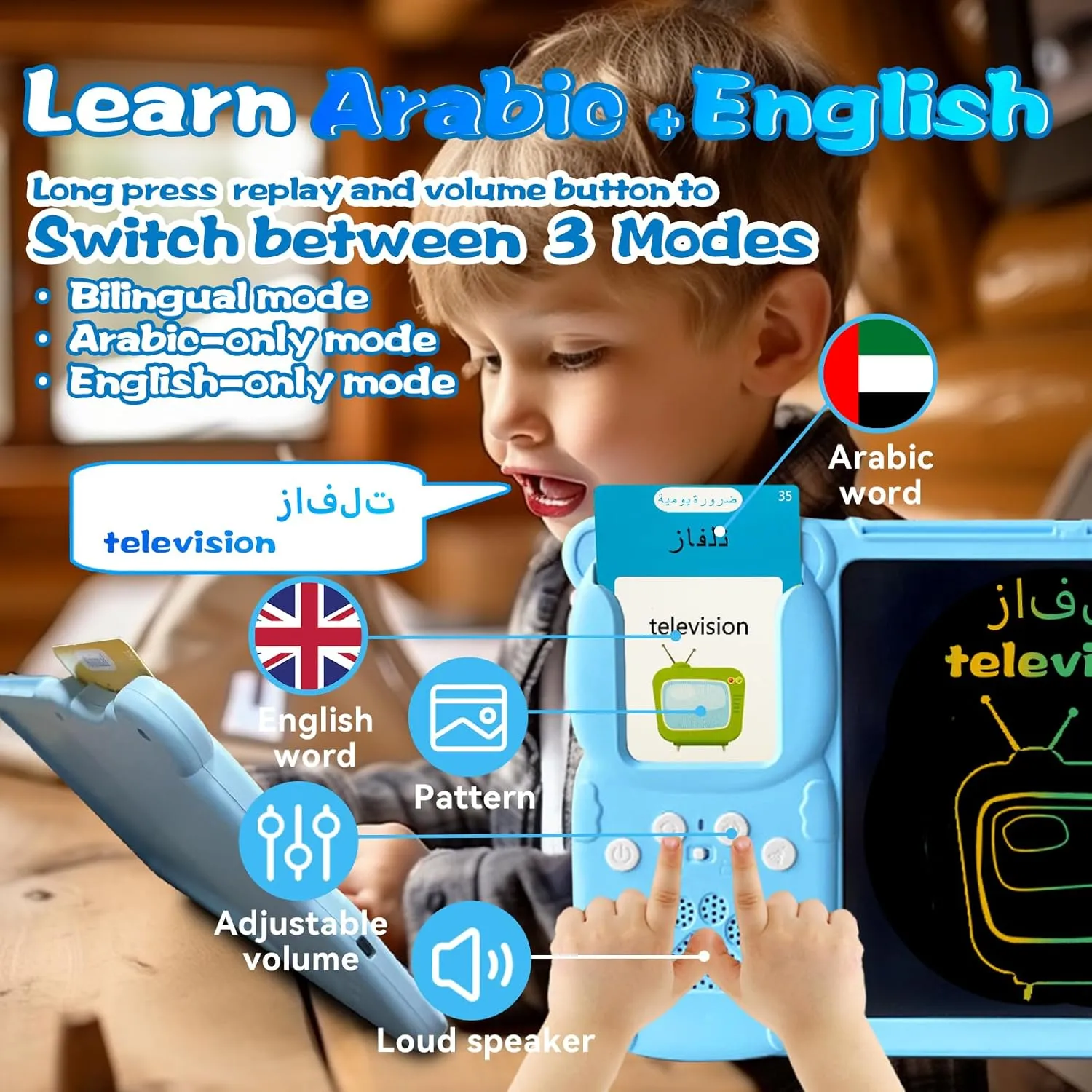 Talking English & Arabic Flash Cards - 8" LCD Writing Tablet for Kids 3-12, Bilingual 510 Sight Words, Toddler Pocket Speech, Drawing Sketch Pad, Autism Toys for Boy (Arabic - Blue)