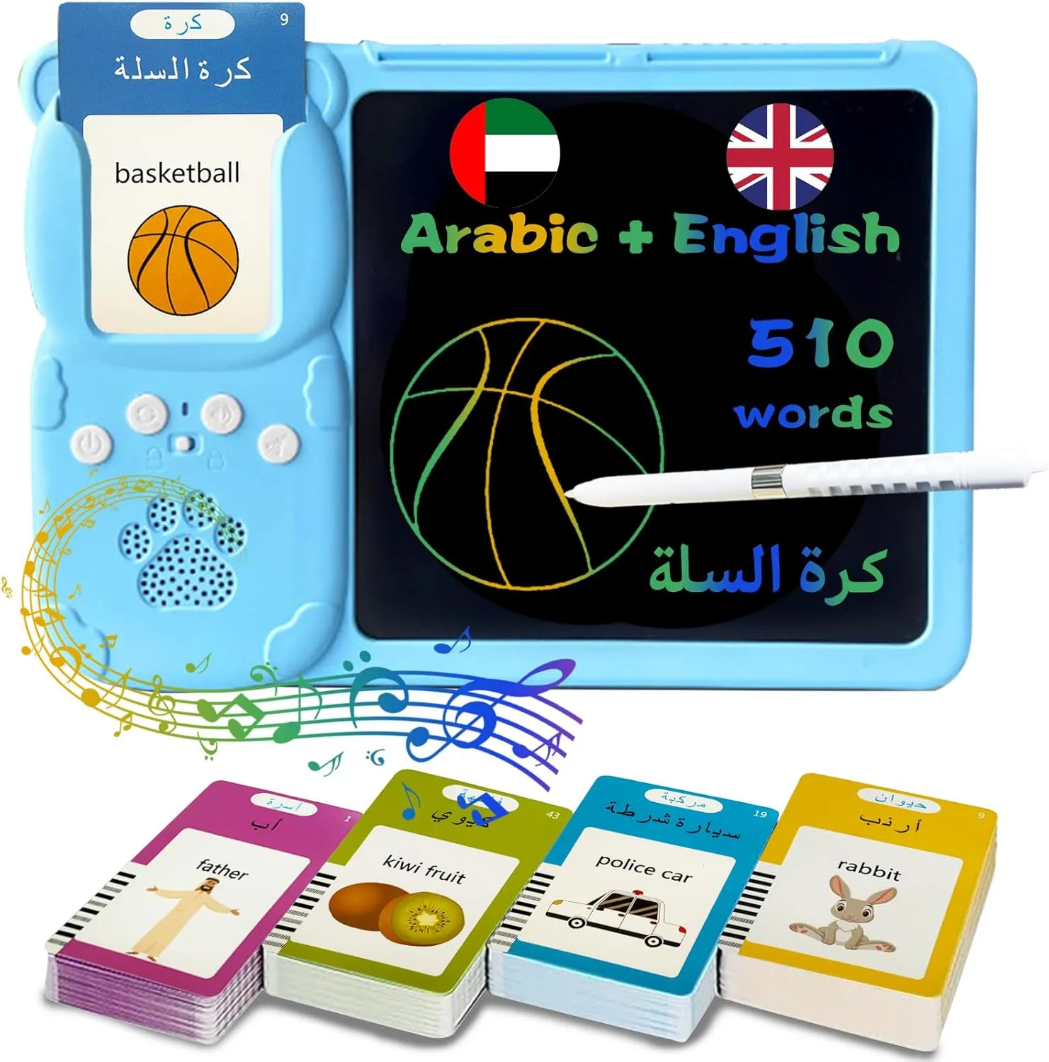 Talking English & Arabic Flash Cards - 8" LCD Writing Tablet for Kids 3-12, Bilingual 510 Sight Words, Toddler Pocket Speech, Drawing Sketch Pad, Autism Toys for Boy (Arabic - Blue)