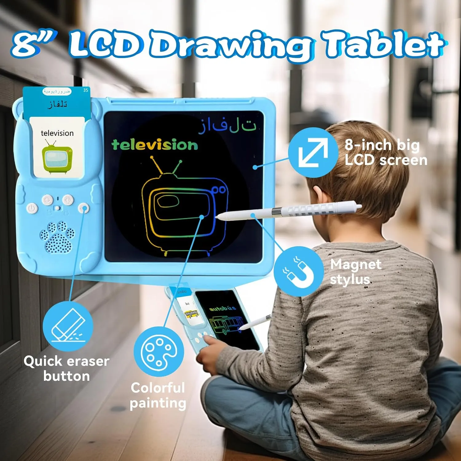Talking English & Arabic Flash Cards - 8" LCD Writing Tablet for Kids 3-12, Bilingual 510 Sight Words, Toddler Pocket Speech, Drawing Sketch Pad, Autism Toys for Boy (Arabic - Blue)