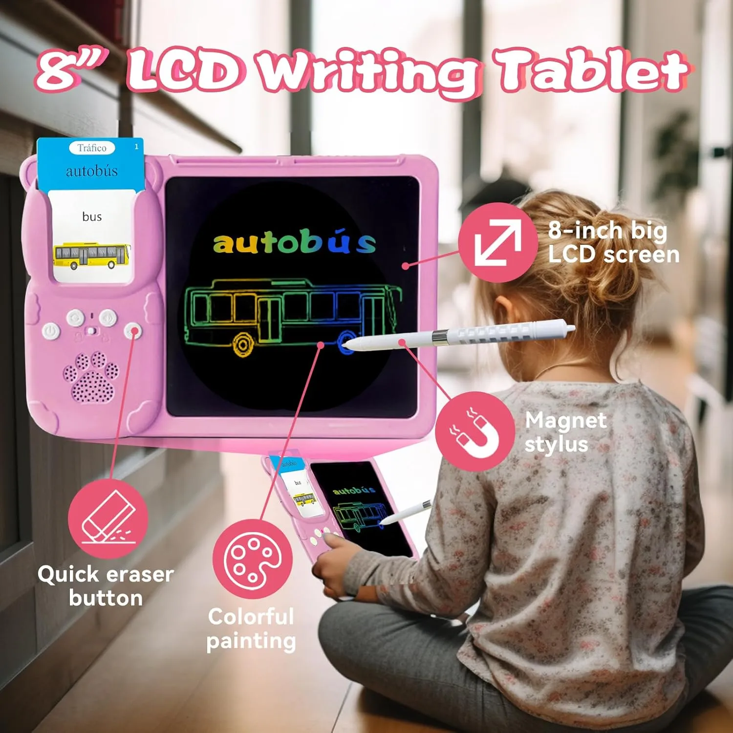 Talking English & Spanish Flash Cards - 8" LCD Writing Tablet for Kids 3 4 5 6 7 8 9, Bilingual 510 Sight Words, Toddler Pocket Speech, Drawing Sketch Pad, Autism Toys for Girls (Pink)