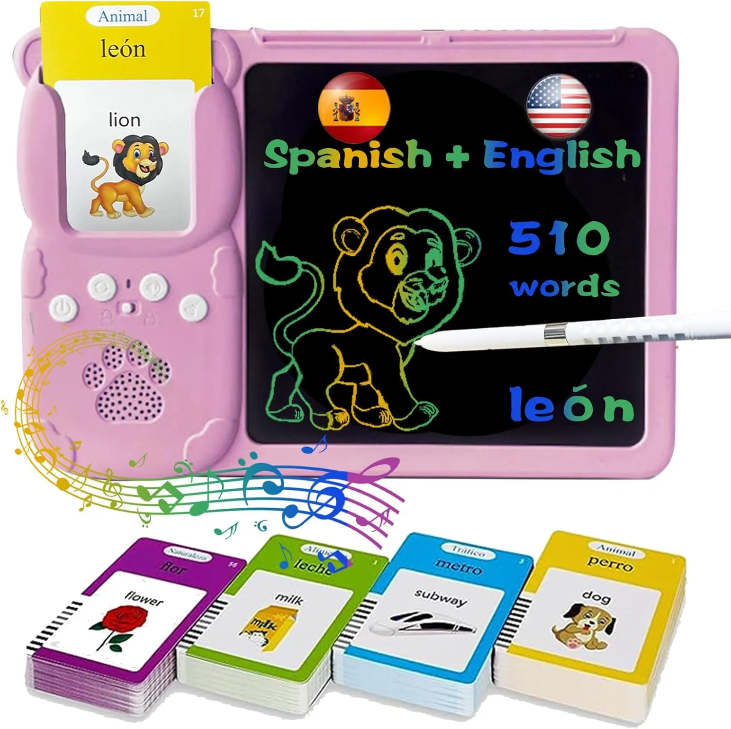Talking English & Spanish Flash Cards - 8" LCD Writing Tablet for Kids 3 4 5 6 7 8 9, Bilingual 510 Sight Words, Toddler Pocket Speech, Drawing Sketch Pad, Autism Toys for Girls (Pink)