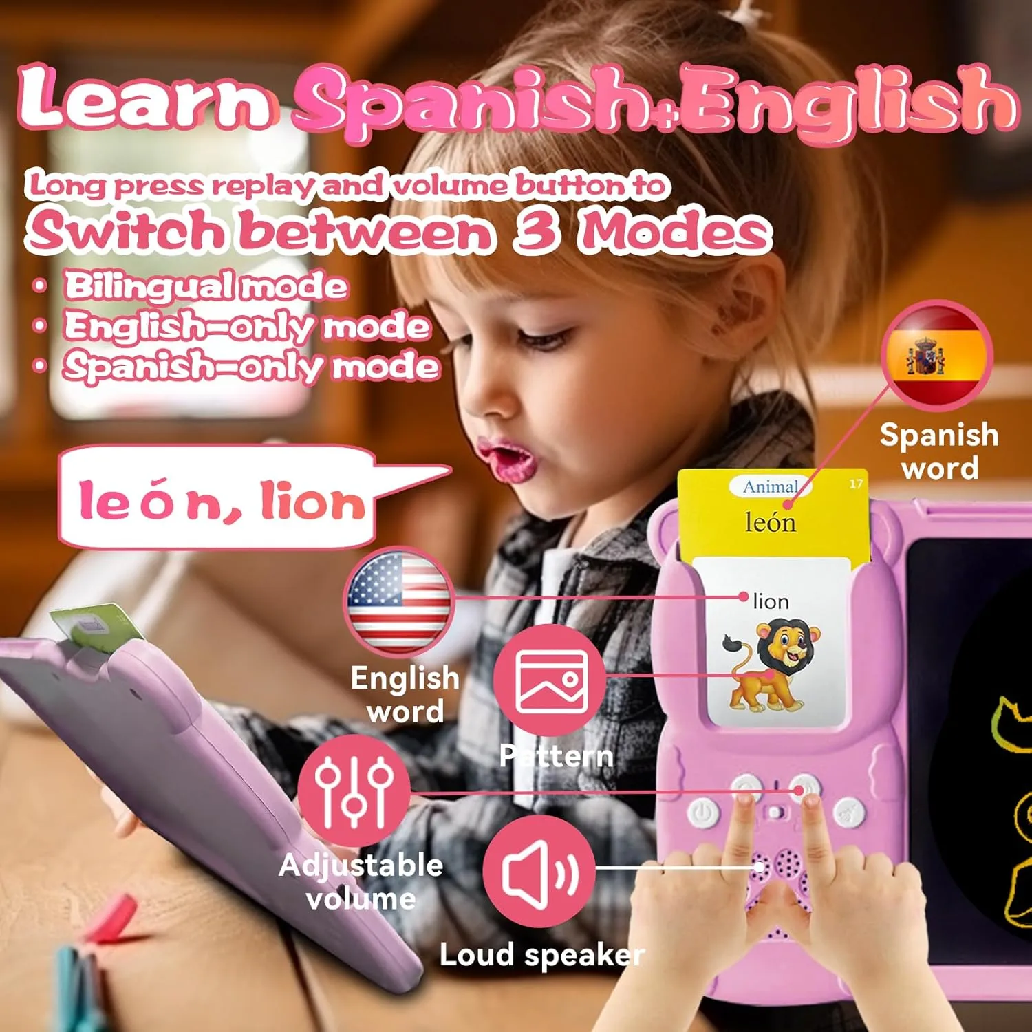 Talking English & Spanish Flash Cards - 8" LCD Writing Tablet for Kids 3 4 5 6 7 8 9, Bilingual 510 Sight Words, Toddler Pocket Speech, Drawing Sketch Pad, Autism Toys for Girls (Pink)