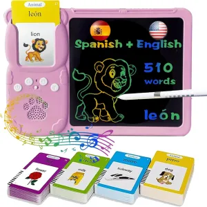 Talking English & Spanish Flash Cards - 8" LCD Writing Tablet for Kids 3 4 5 6 7 8 9, Bilingual 510 Sight Words, Toddler Pocket Speech, Drawing Sketch Pad, Autism Toys for Girls (Pink)