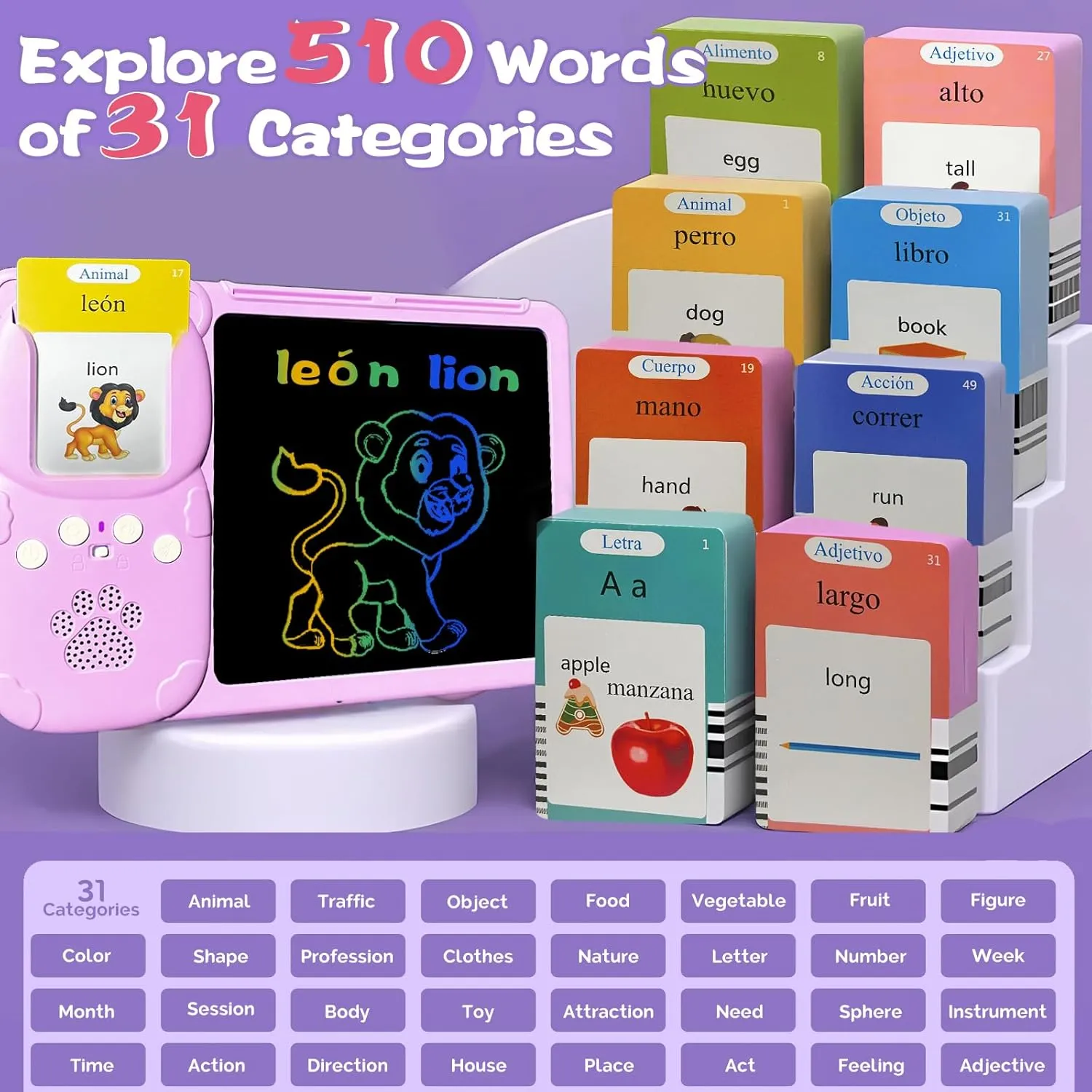 Talking English & Spanish Flash Cards - 8" LCD Writing Tablet for Kids 3 4 5 6 7 8 9, Bilingual 510 Sight Words, Toddler Pocket Speech, Drawing Sketch Pad, Autism Toys for Girls (Pink)