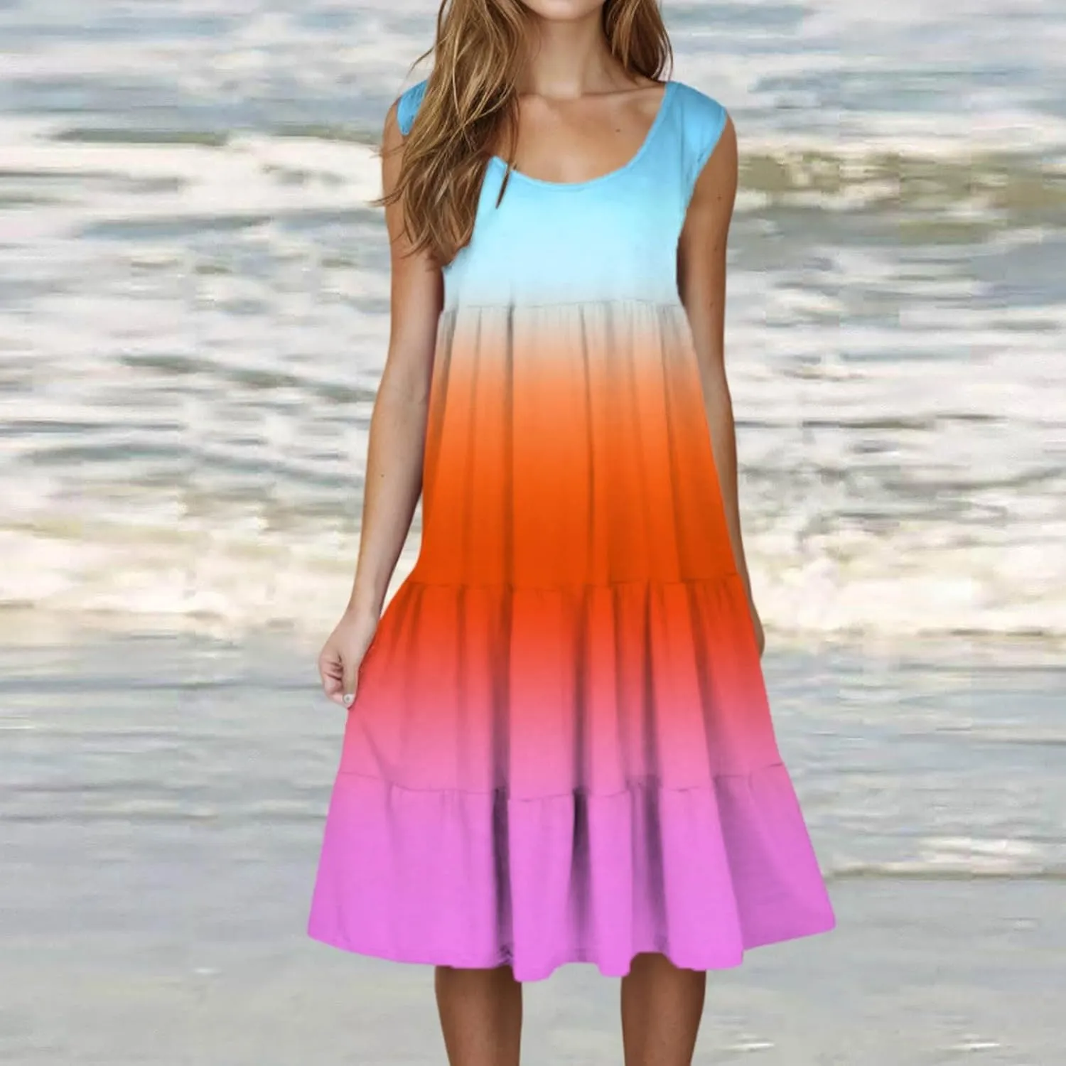 Tank Dress for Women 2025 Summer Boho Gradient Beach Vacation Sundress Sleeveless Pleated Ladies Tropical Dresses