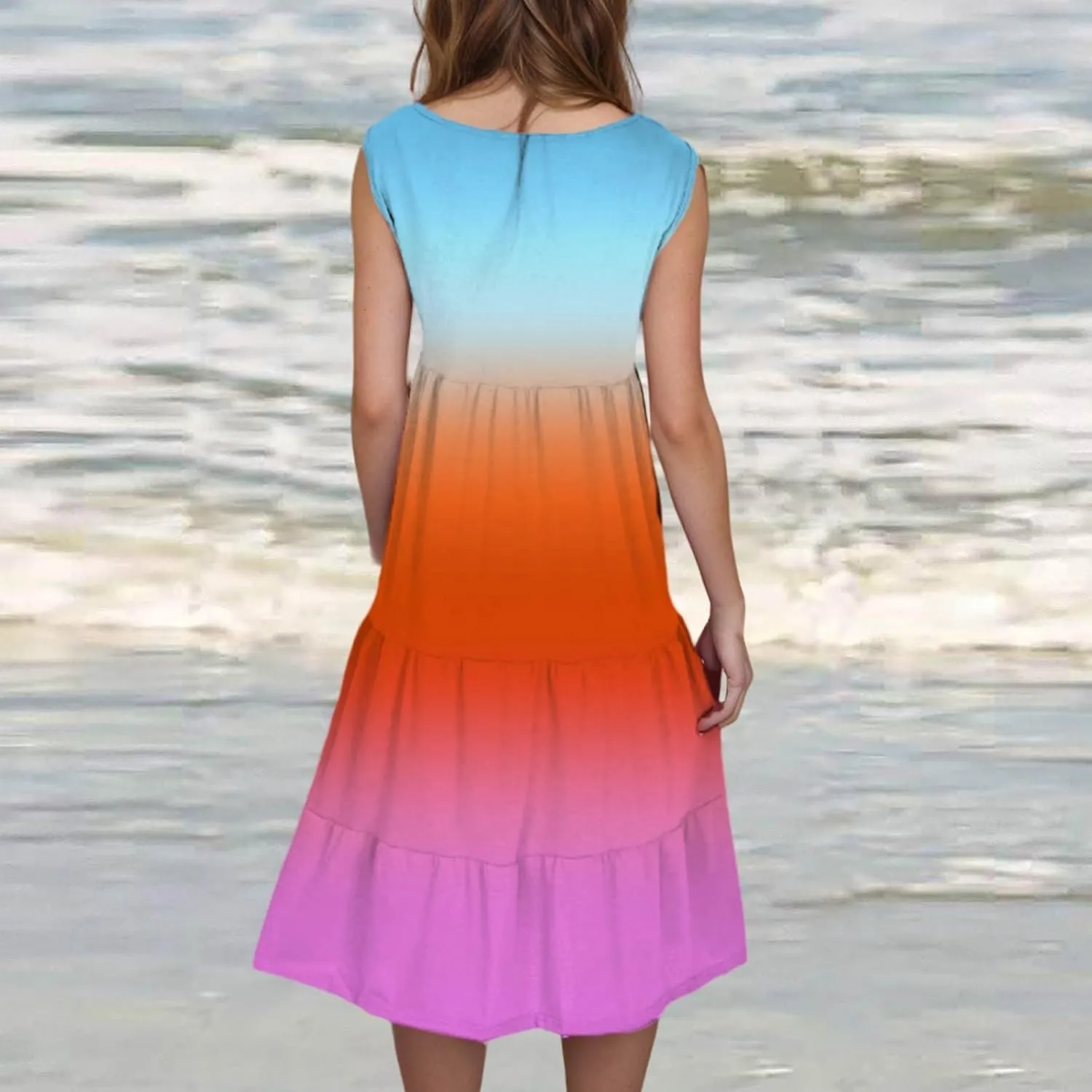 Tank Dress for Women 2025 Summer Boho Gradient Beach Vacation Sundress Sleeveless Pleated Ladies Tropical Dresses