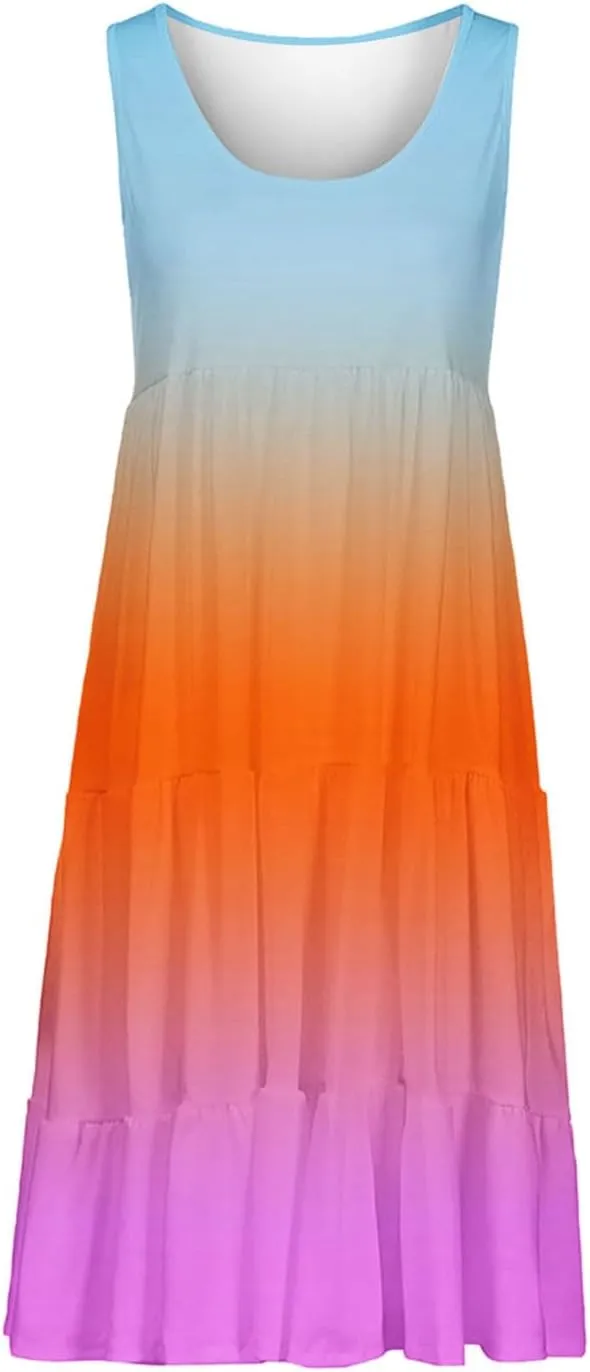 Tank Dress for Women 2025 Summer Boho Gradient Beach Vacation Sundress Sleeveless Pleated Ladies Tropical Dresses