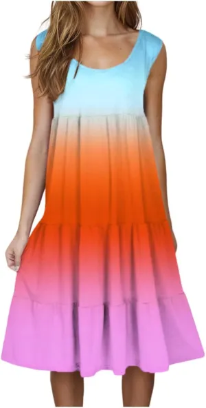 Tank Dress for Women 2025 Summer Boho Gradient Beach Vacation Sundress Sleeveless Pleated Ladies Tropical Dresses