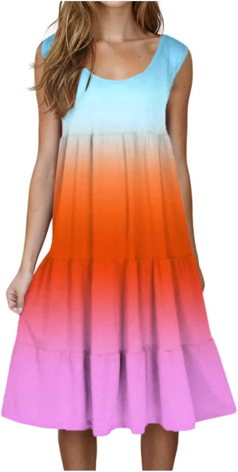 Tank Dress for Women 2025 Summer Boho Gradient Beach Vacation Sundress Sleeveless Pleated Ladies Tropical Dresses
