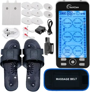 TechCare Plus 24 Modes Tens Unit Muscle Stimulator Massager Rechargeable Unit Electric Complete Set   Massage Belt   Reflexology Shoes Back Neck Pain
