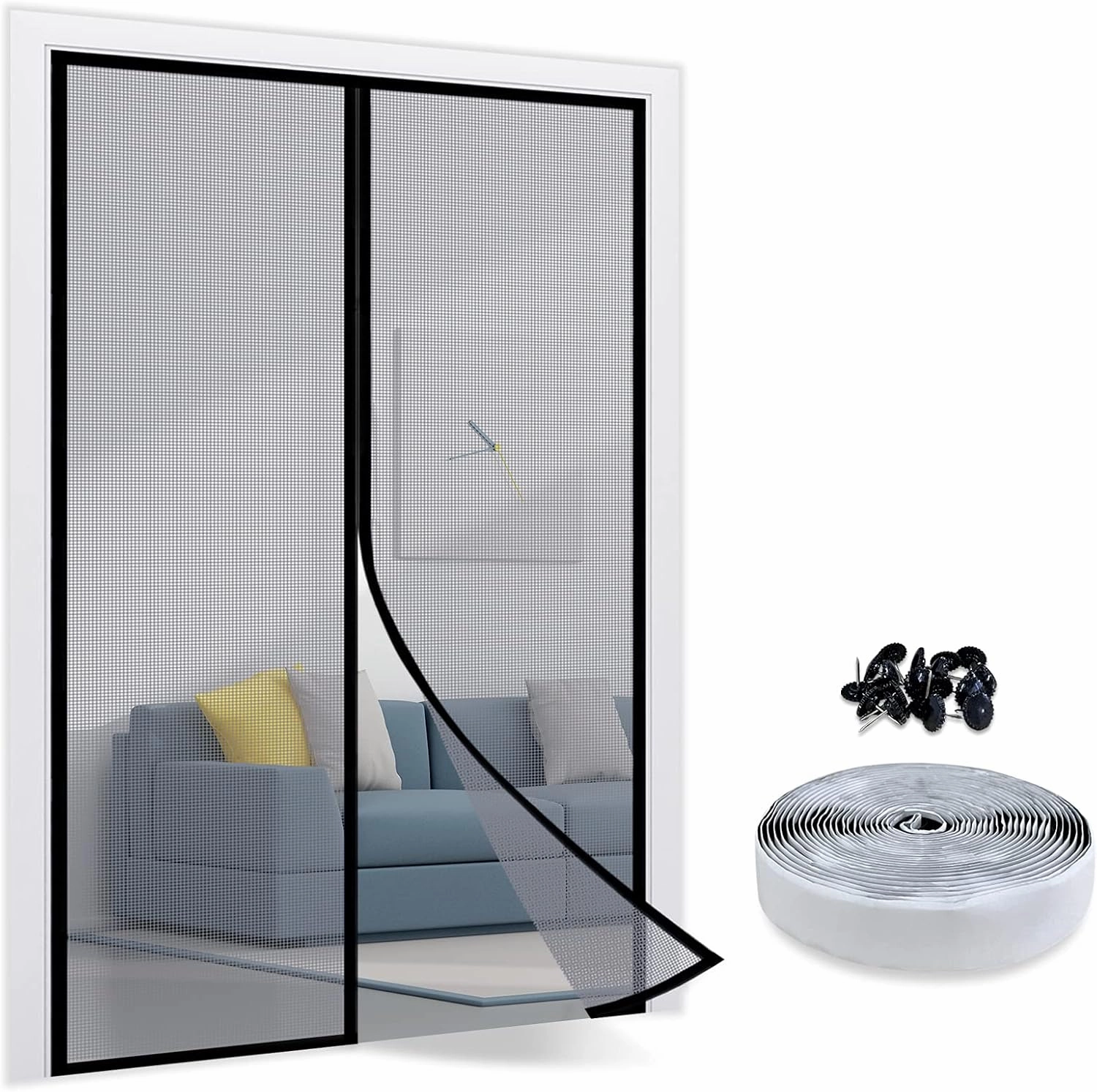 TheFitLife Fiberglass Magnetic Screen Door - Heavy Duty Mesh with Full Frame Hook and Loop Powerful Magnets That Closure Automatically, Door Screen Mesh Net