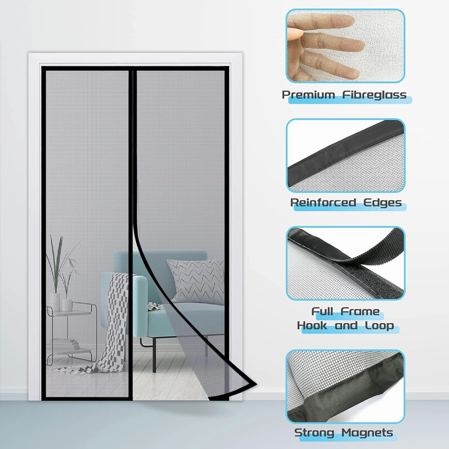 TheFitLife Fiberglass Magnetic Screen Door - Heavy Duty Mesh with Full Frame Hook and Loop Powerful Magnets That Closure Automatically, Door Screen Mesh Net