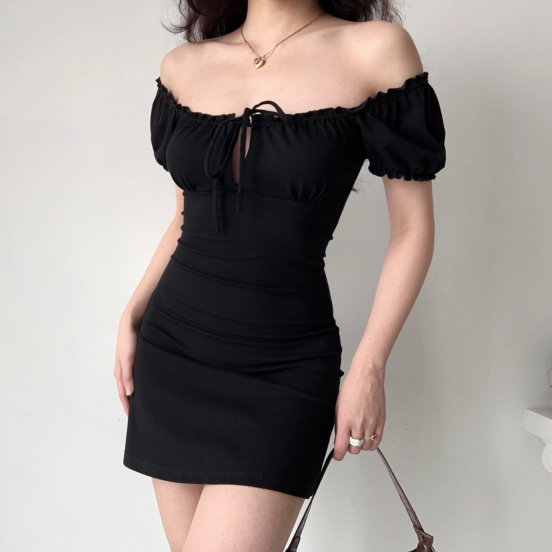 Tie Front Puff Sleeve Black Mini Dress