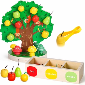 Toddler Fine Motor Skill Toys - Apple Picking Magnetic Fruit Tree Toy | Montessori Wooden Color & Shape Sorting Puzzle | Early Learning Preschool Educational Birthday Toy for Kids 3-6
