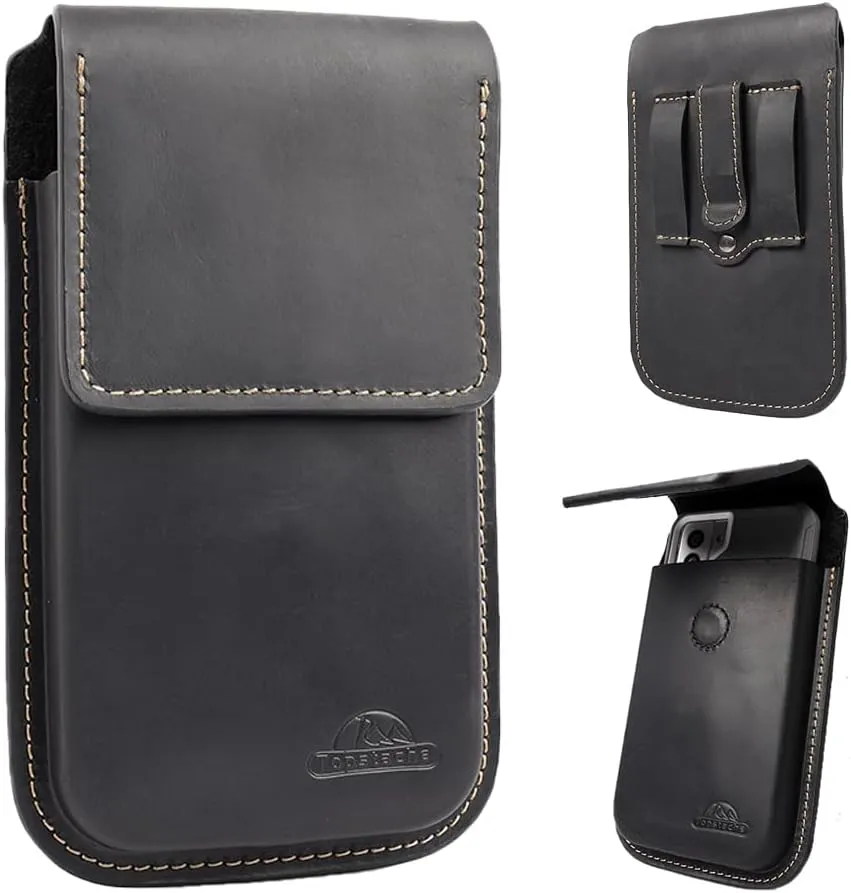 Topstache Leather Phone Holster with Belt Clip,Flip Cell Phone Pouch for iPhone 14/13 Pro Max,S23 Plus Belt Clip Phone Case,Universal Smartphone Sheath,XL,Black