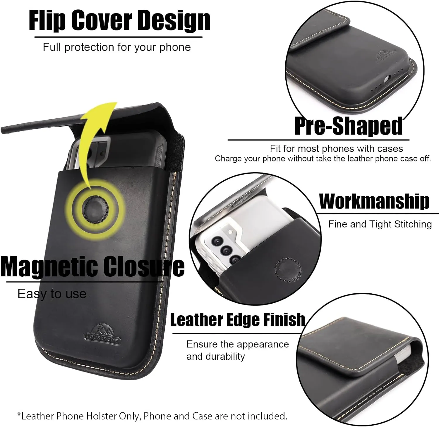 Topstache Leather Phone Holster with Belt Clip,Flip Cell Phone Pouch for iPhone 14/13 Pro Max,S23 Plus Belt Clip Phone Case,Universal Smartphone Sheath,XL,Black