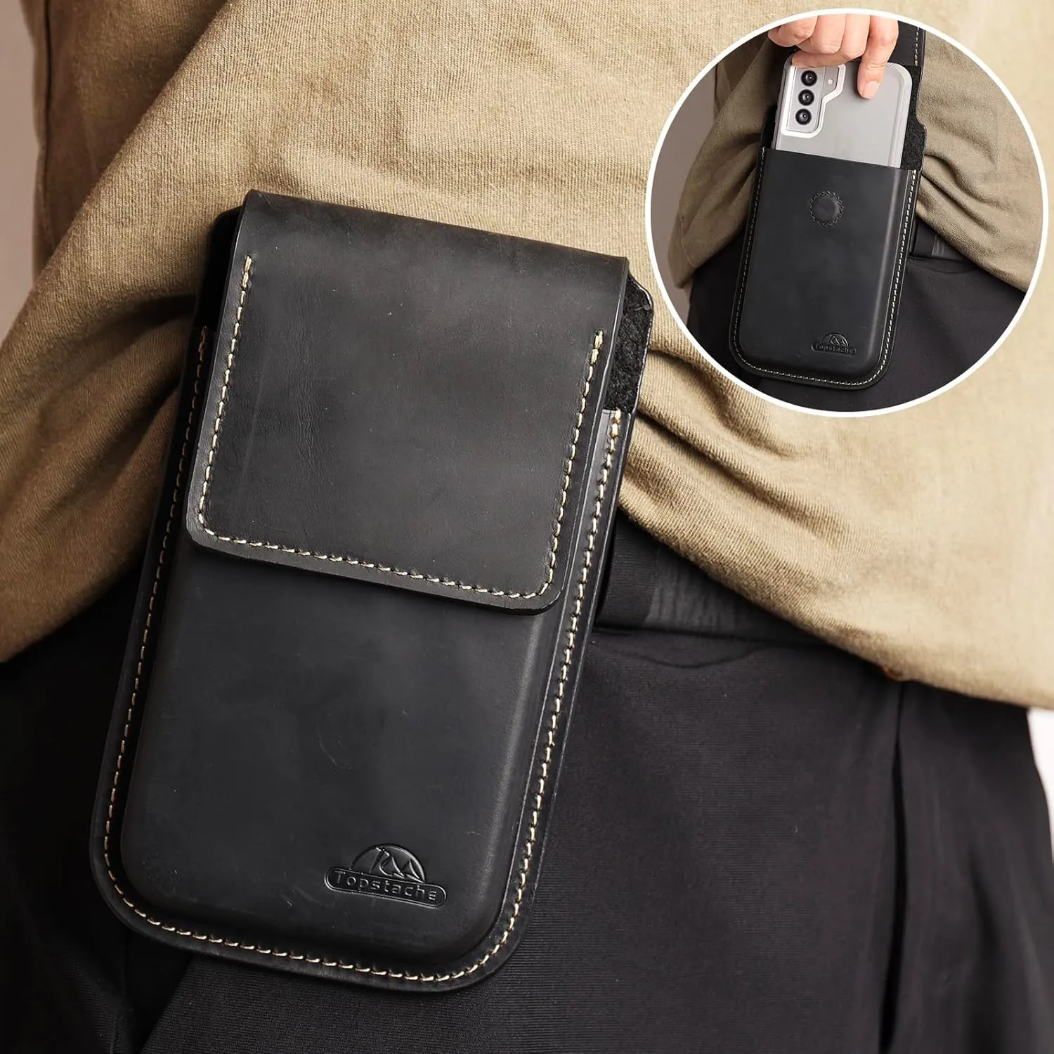 Topstache Leather Phone Holster with Belt Clip,Flip Cell Phone Pouch for iPhone 14/13 Pro Max,S23 Plus Belt Clip Phone Case,Universal Smartphone Sheath,XL,Black