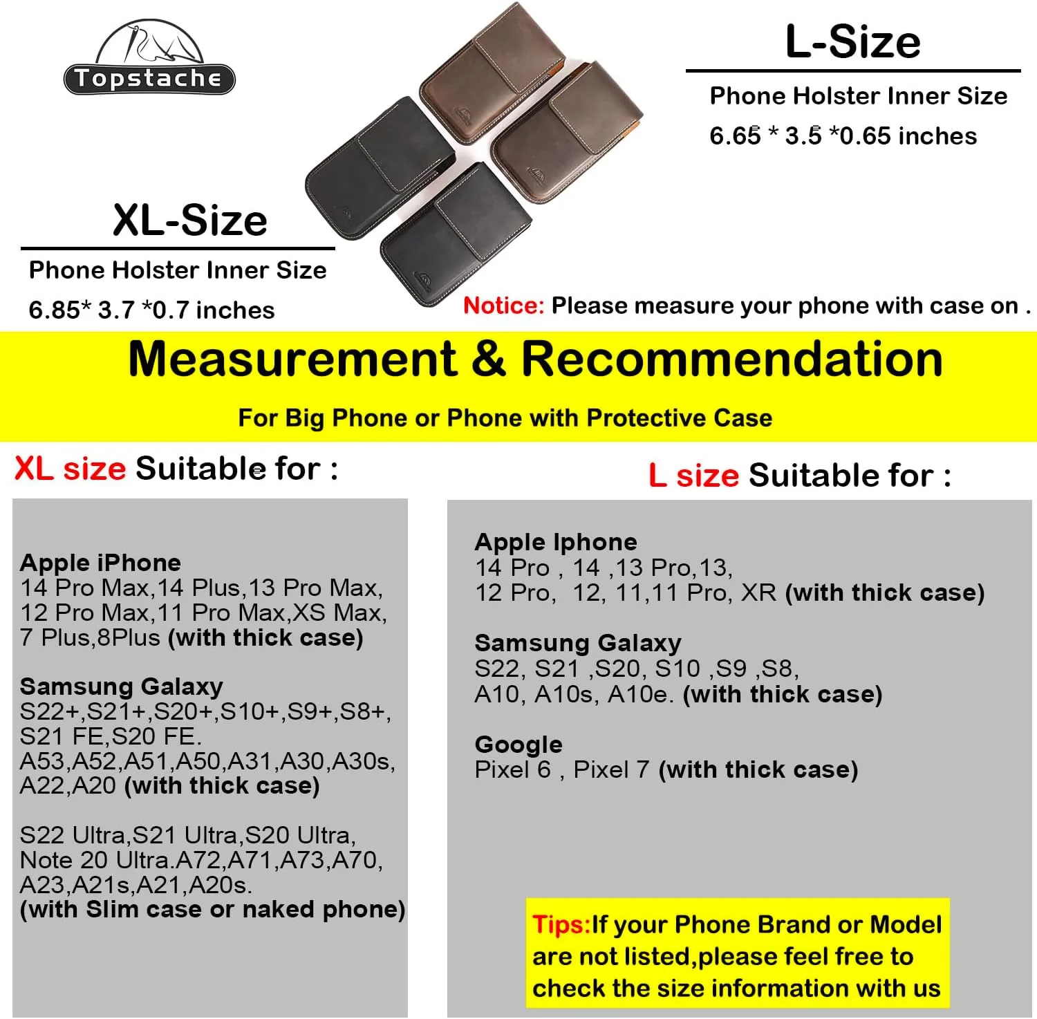 Topstache Leather Phone Holster with Belt Clip,Flip Cell Phone Pouch for iPhone 14/13 Pro Max,S23 Plus Belt Clip Phone Case,Universal Smartphone Sheath,XL,Black