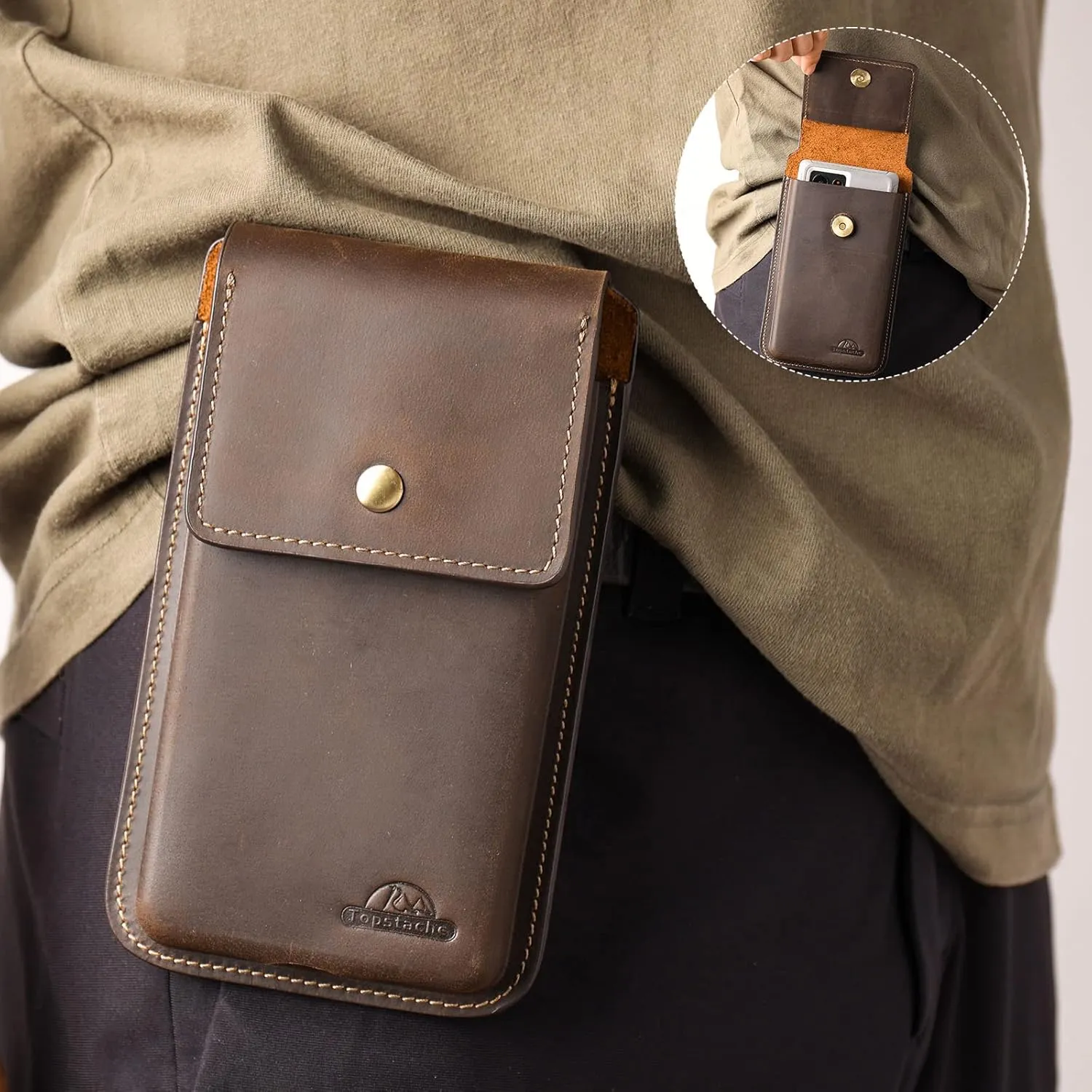 Topstache X-Large Leather Phone Holster for Belt, S23 Ultra S23 Plus Clip Holder for Men, Pouch for iPhone 14 Pro Max, Universal Smartphone Holster With Protective Case