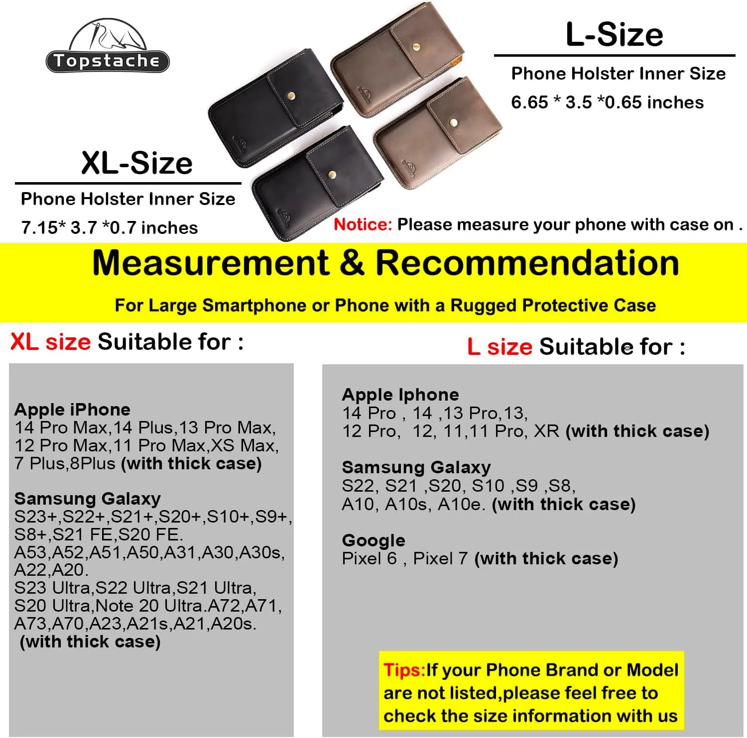 Topstache X-Large Leather Phone Holster for Belt, S23 Ultra S23 Plus Clip Holder for Men, Pouch for iPhone 14 Pro Max, Universal Smartphone Holster With Protective Case