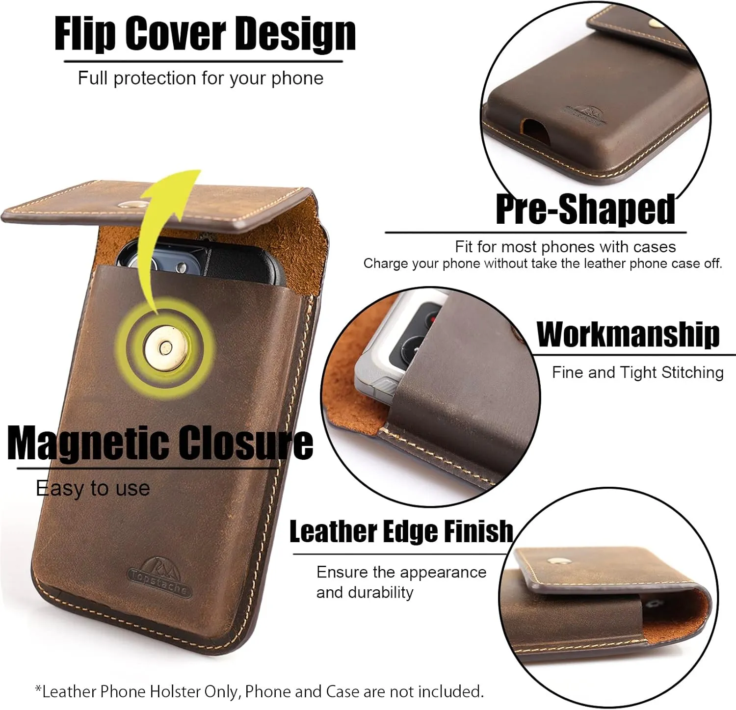 Topstache X-Large Leather Phone Holster for Belt, S23 Ultra S23 Plus Clip Holder for Men, Pouch for iPhone 14 Pro Max, Universal Smartphone Holster With Protective Case