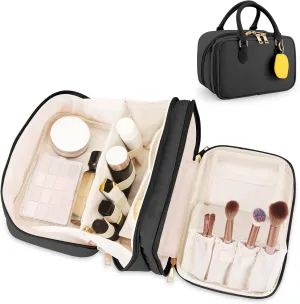 Travel Makeup Bag for Women Fashion Large Capacity Pouch Open Flat Cosmetic Portable Organizer Waterproof Large Opening Storage Toiletry Bags Vertical Free-Standing Brush Holder for Easy Access Black