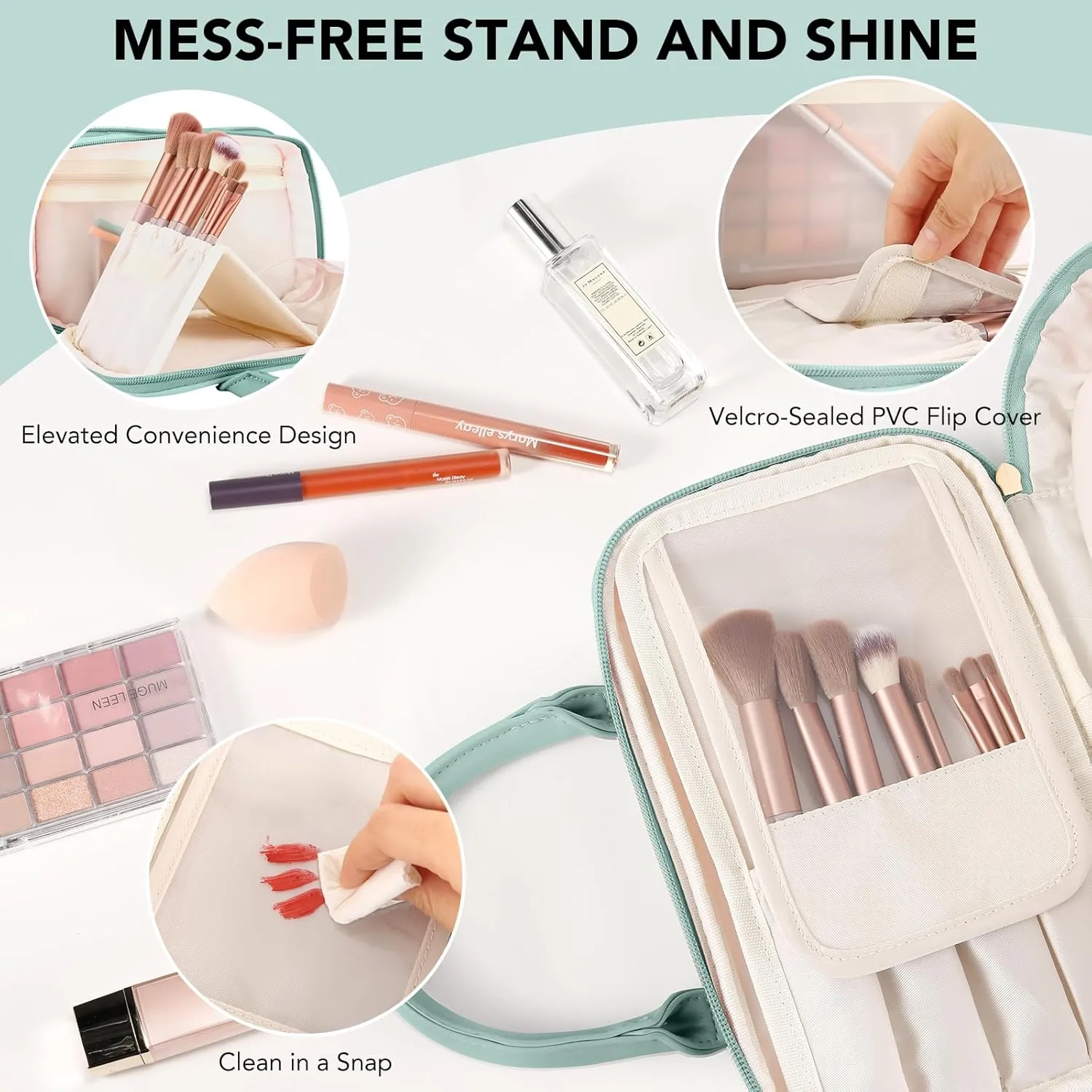 Travel Makeup Bag for Women Fashion Large Capacity Pouch Open Flat Cosmetic Portable Organizer Waterproof Large Opening Storage Toiletry Bags Vertical Free-Standing Brush Holder for Easy Access Blue