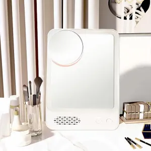 Travel Makeup Mirror with Lights and Magnification 10X and Speaker, Lighted LED Vanity Mirror, Portable Make Up Compact Tabletop Mirror with Adjustable Stand, 3 Colored Lights Rechargeable