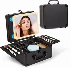 Travel Makeup Case with Magnetic Detachable LED Lighted Mirror, Waterproof Professional Cosmetic Organizer, Makeup Box with Adjustable Dividers & Shockproof Brush Storage (Black)