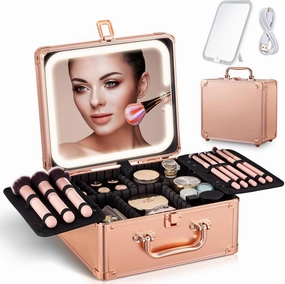 Travel Makeup Case with Magnetic Lighted Mirror, Hardshell Train Case Makeup Bag with Adjustable Dividers & Detachable Mirror Adjustable Brightness in 3 Colors, Vanity Case for Artist Cosmetic Storage