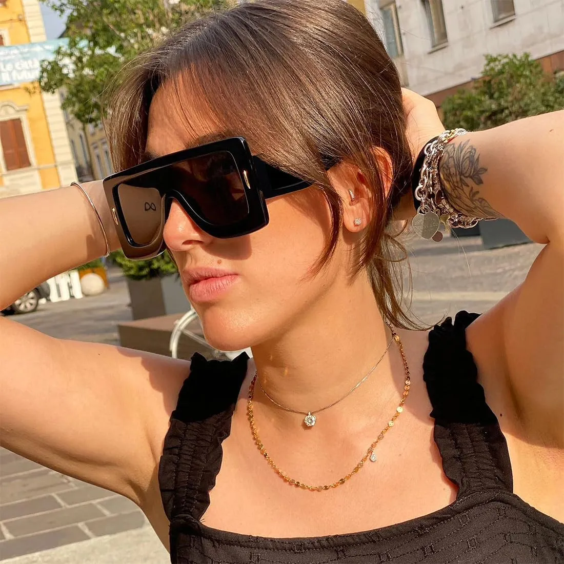 Trendy Anagram Mask Sunglasses for Women Men Oversized Flat Top Fashion Shield Sun Glasses UV Protection Sunnies