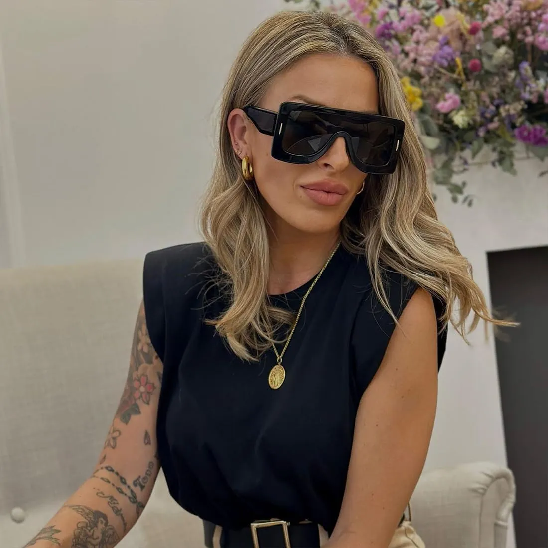 Trendy Anagram Mask Sunglasses for Women Men Oversized Flat Top Fashion Shield Sun Glasses UV Protection Sunnies