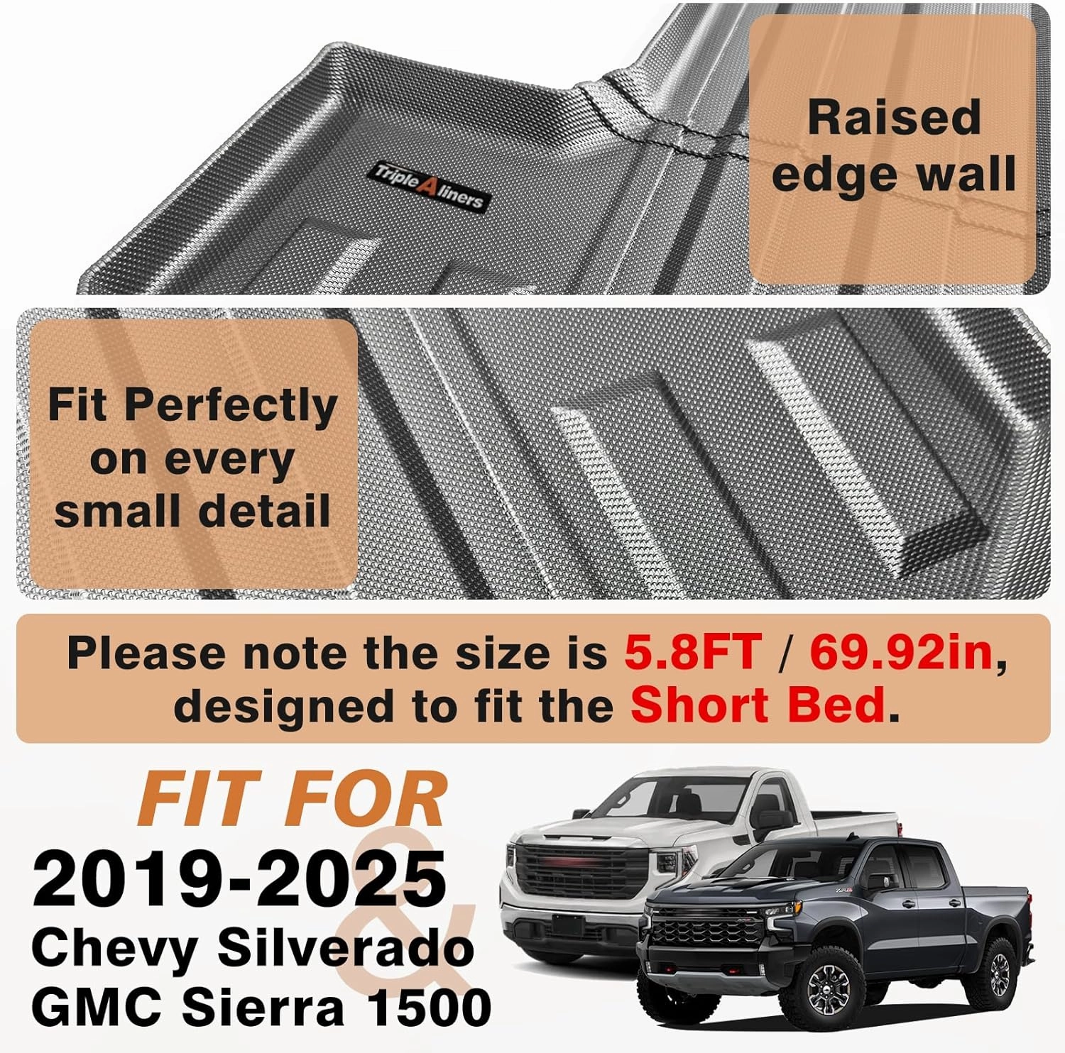 TripleAliners Truck Bed Mat Compatible with 2019-2024 2025 Chevy Silverado/GMC Sierra 1500 Accessories 5'8'' Vehicle Bed Perfectly Flush All Weather Protection TPE Heavy Duty Pickup Cargo Mat