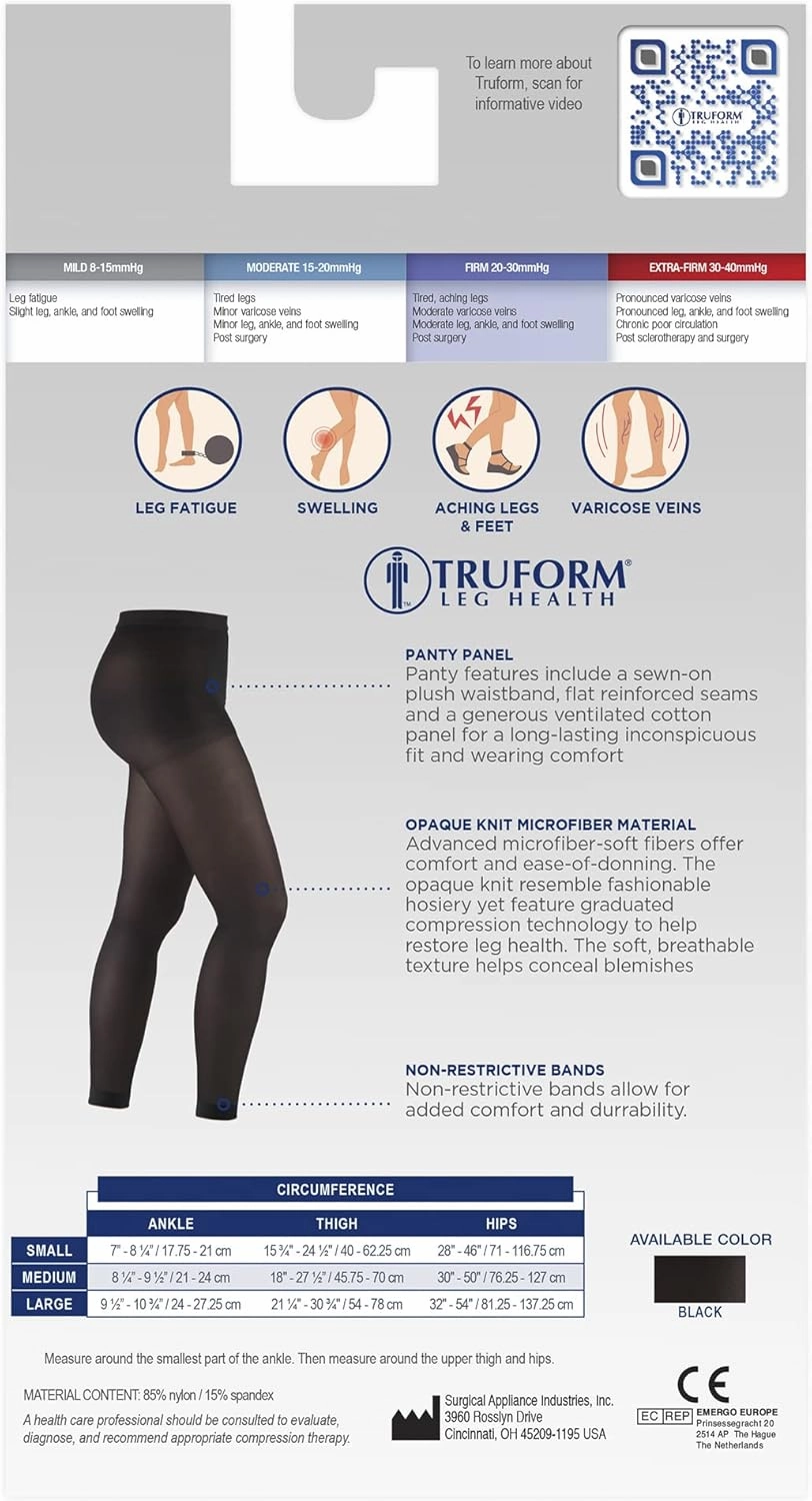 Truform Women's 20-30 mmHg Medical Compression Tights, Footless Opaque Shapewear Support Pantyhose, Large